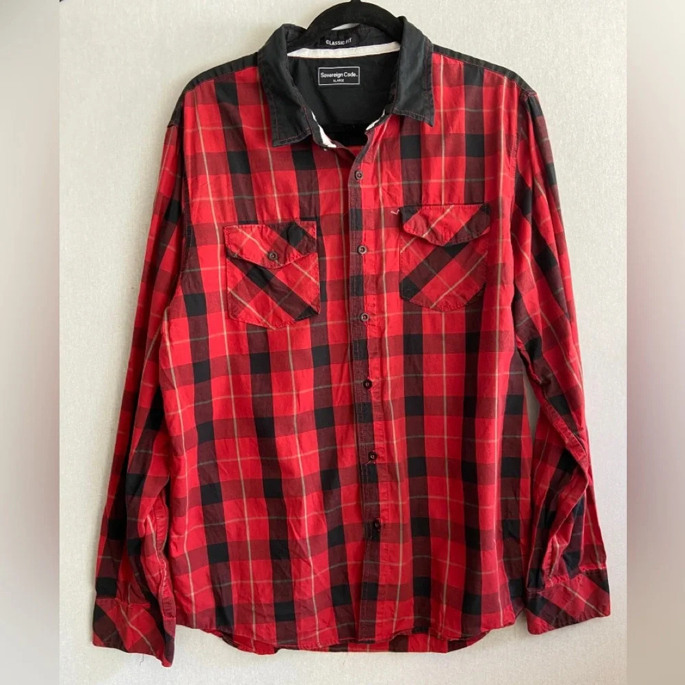 Sovereign Code Red Black Buffalo Plaid Cotton Casual Button Down Shirt XL